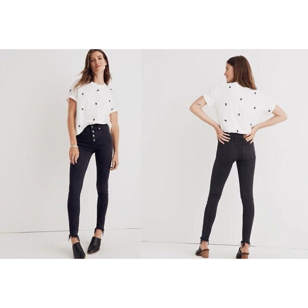 Madewell 10" High Rise Skinny Jeans Size 25 Button Fly Raw Hem Berkeley Black